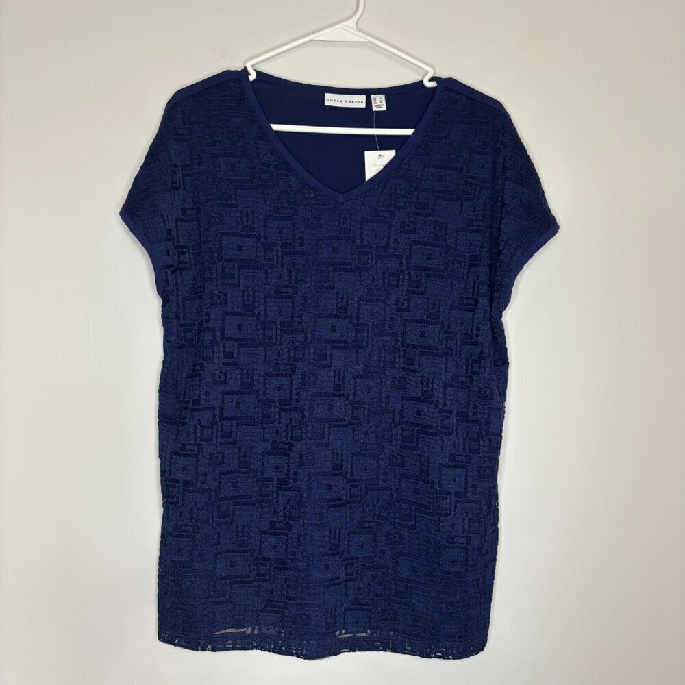 SUSAN GRAVER NEW VNeck Blouse Navy Short/No Sleeve Lace Boxy Stretch Size Large